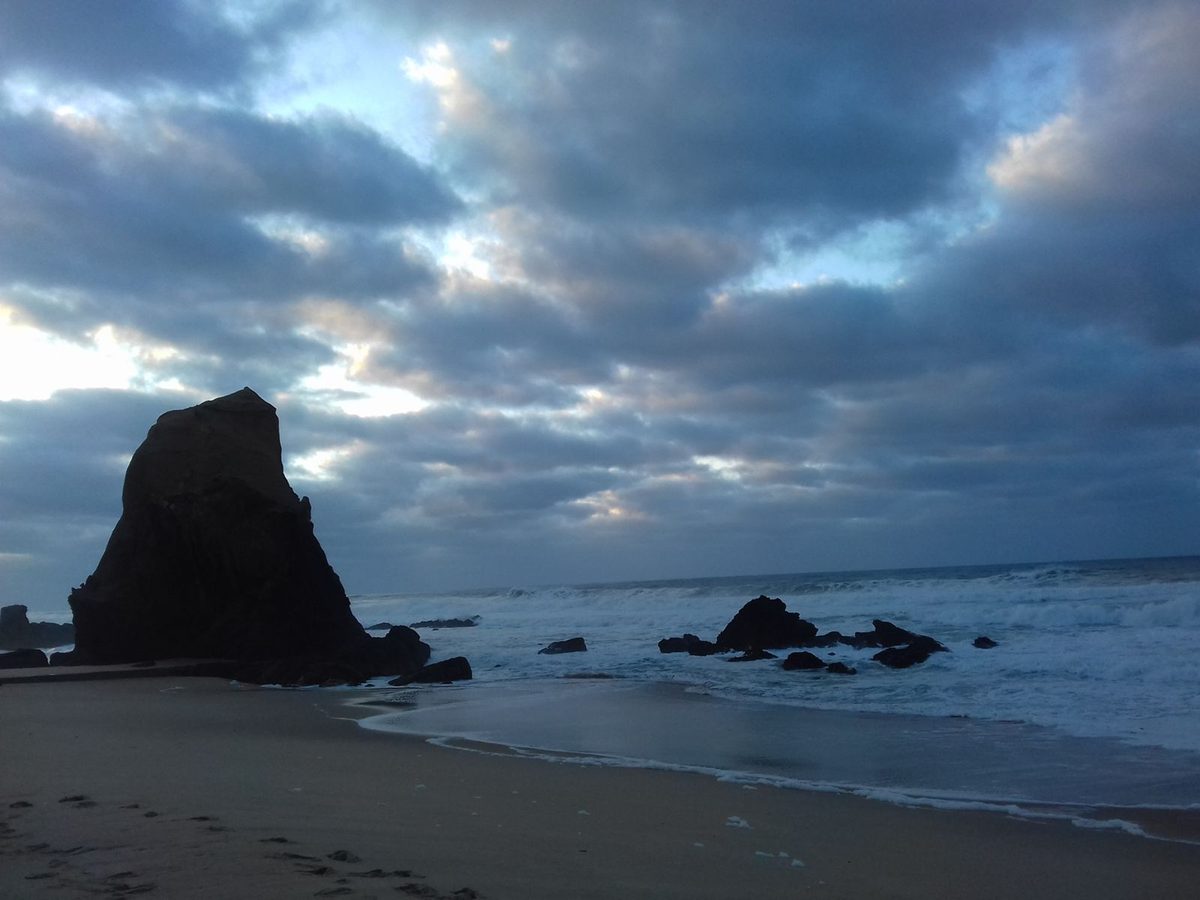 Before: Disposable Camera AI filter result: rocky beach under a cloudy sky